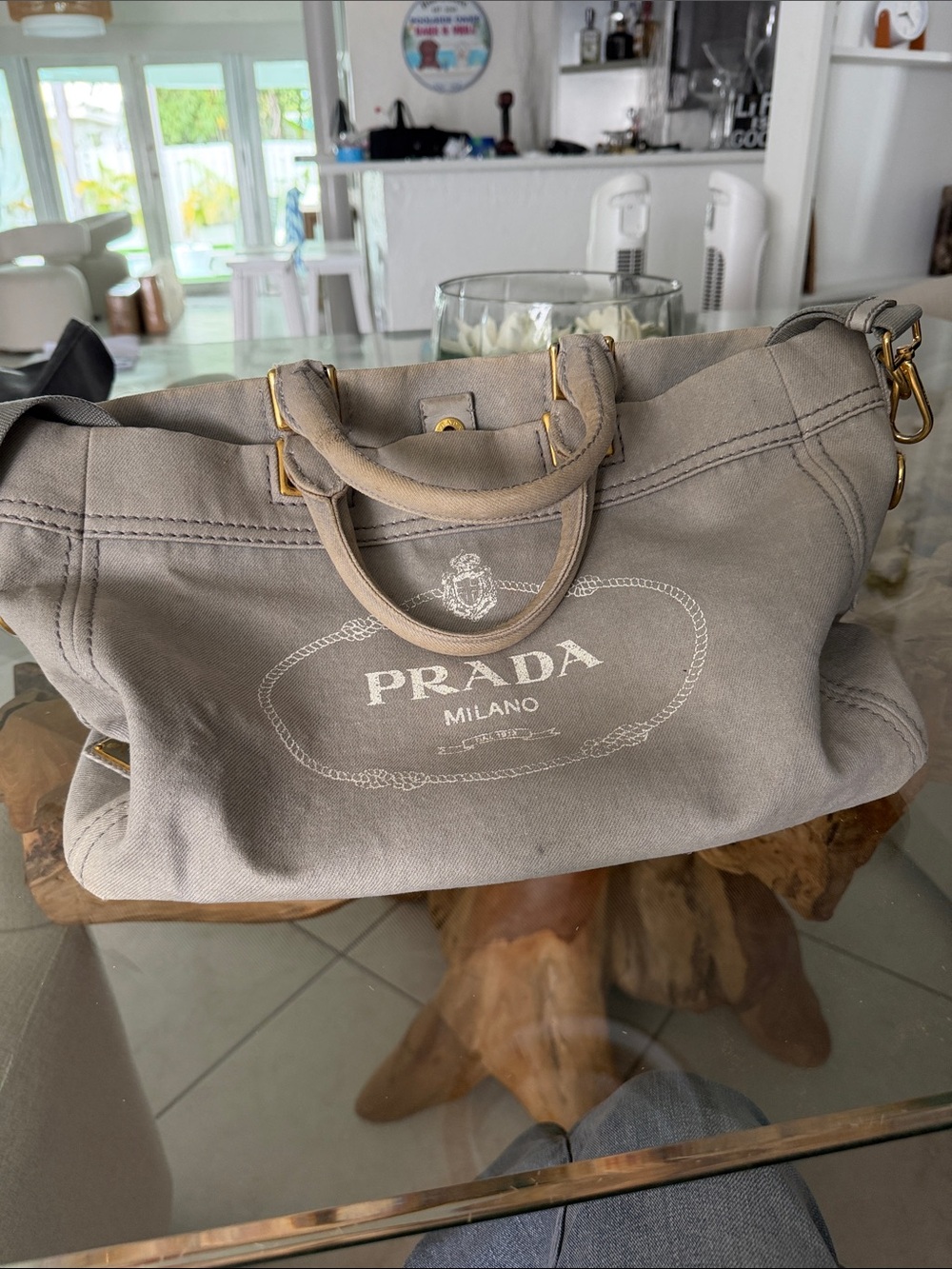 Prada Taupe Canvas Travel Tote with Gold Hardware